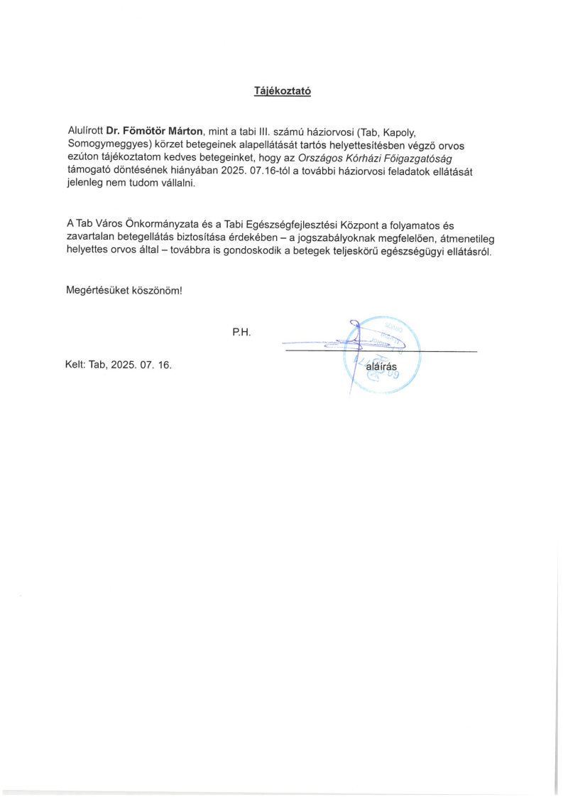 Dr. Fömötör Márton Tájékoztatója