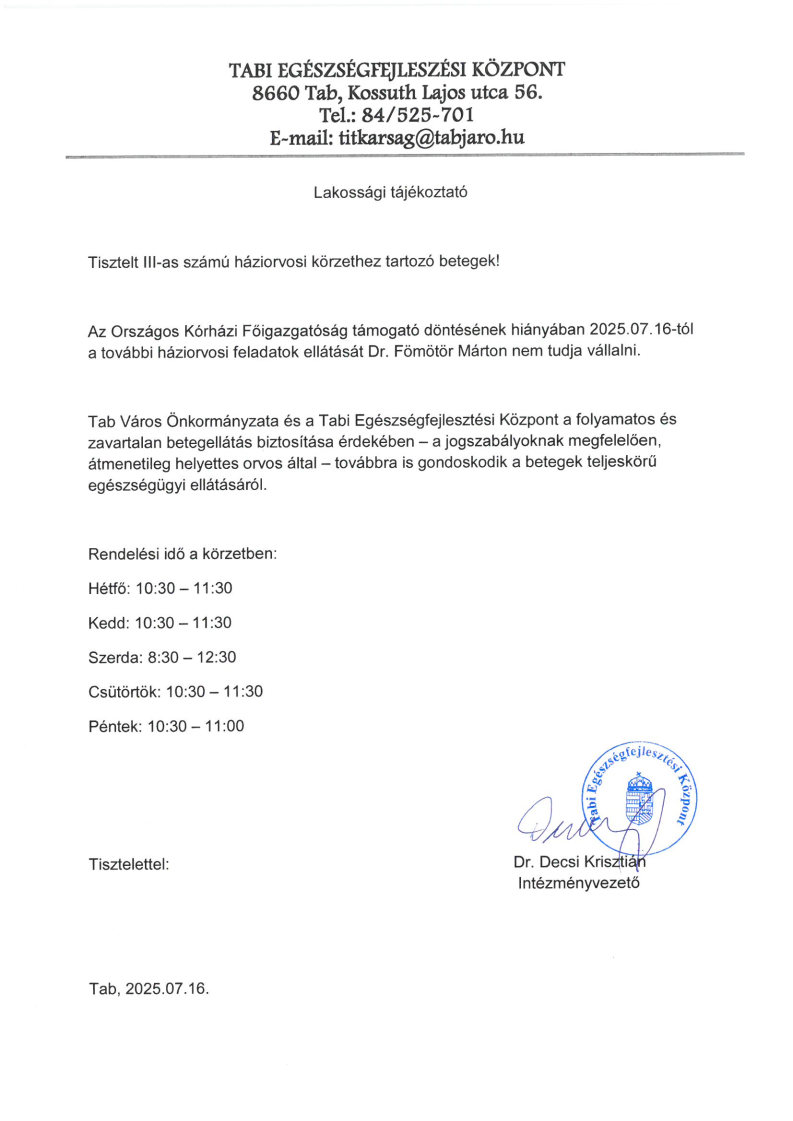Lakossági Tájékoztató Tabi Egészségfejlesztési Központ