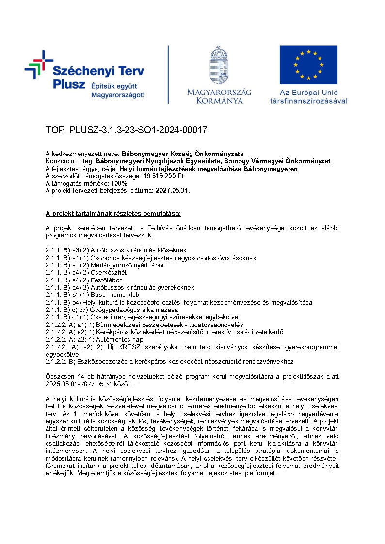 Tájékoztató TOP-PLUSZ-3.1.3-23 - Bábonymegyer