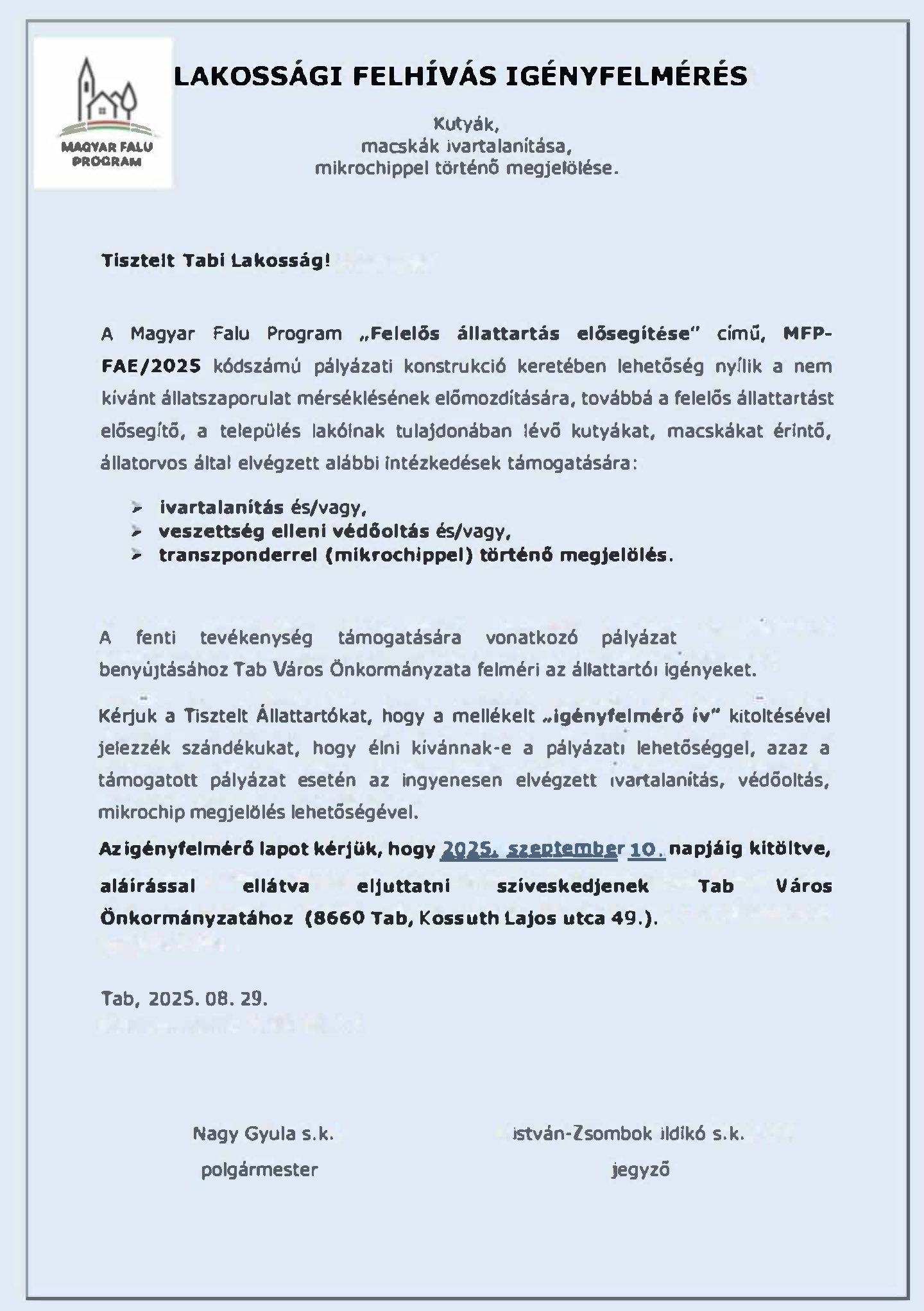 Lakossági Felhívás „Felelös állattartás elösegítése" Igényfelmérés