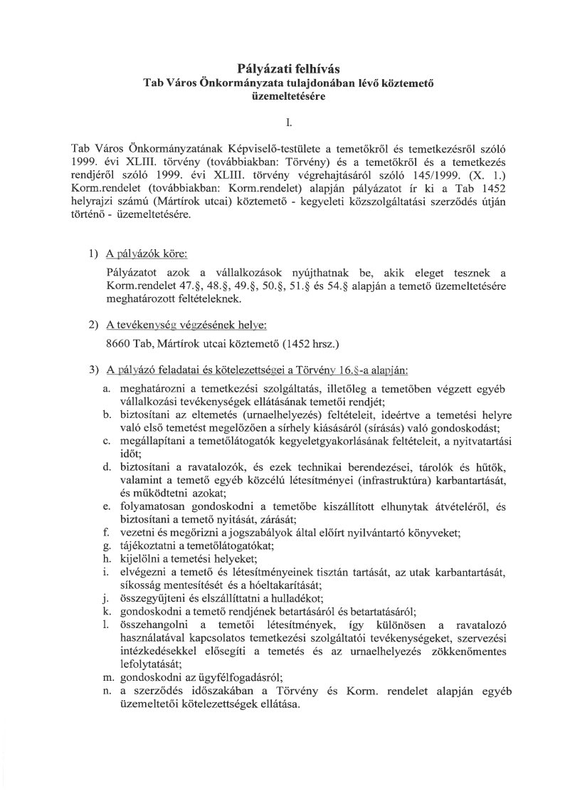 Pályázati Felhívás  - Köztemető Üzemeltetésére
