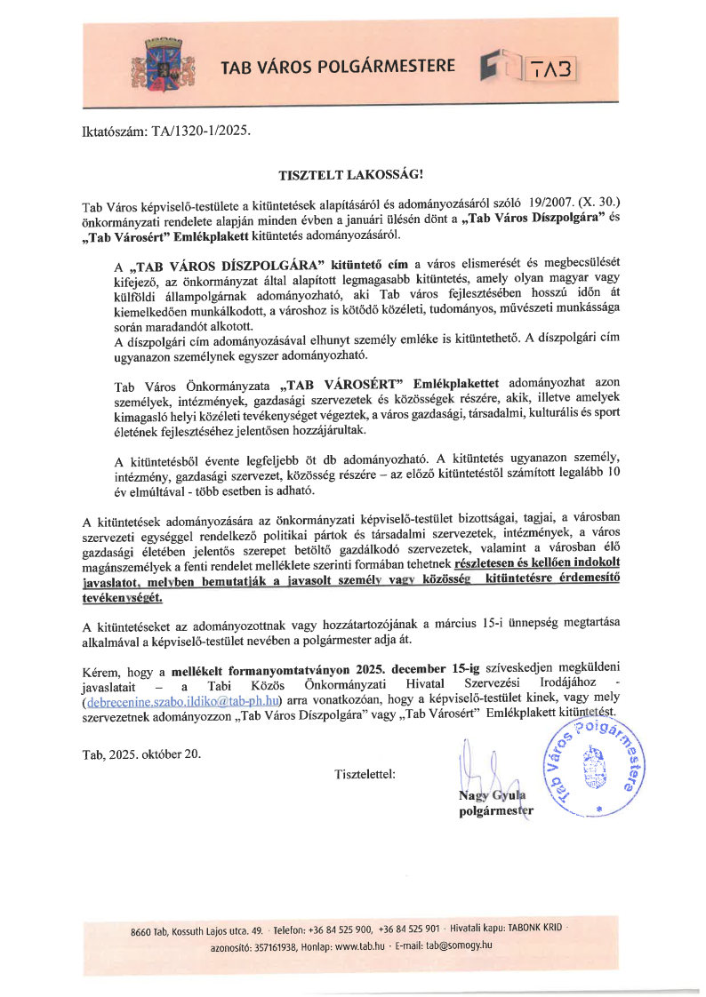 Kitüntetés adományozása