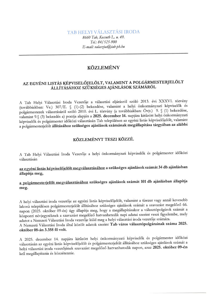 Közlemény ajánlások számáról időközi 2025.12.14
