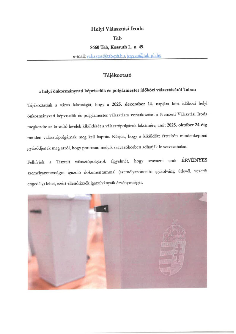 Tájékoztató időközi választásról
