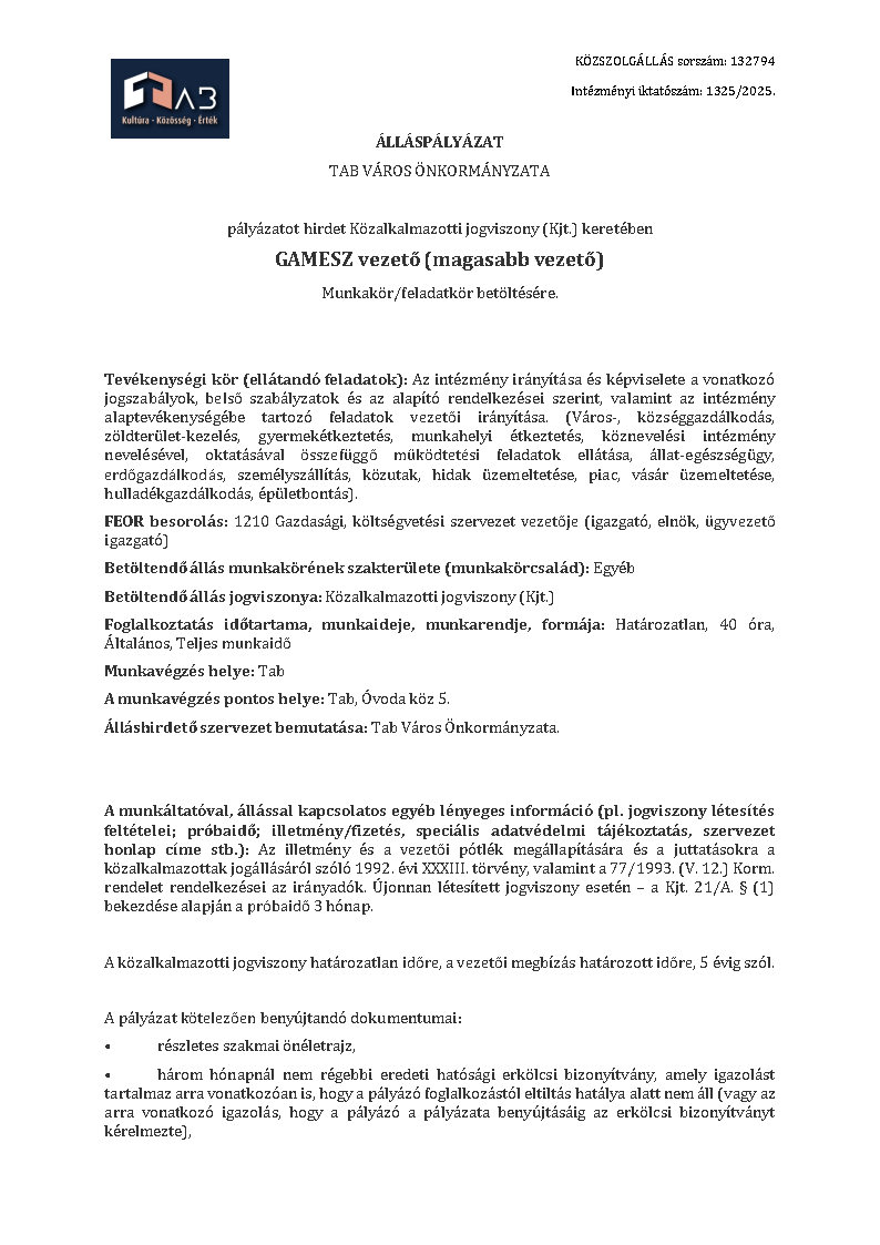 Álláshírdetés GAMESZ vezető
