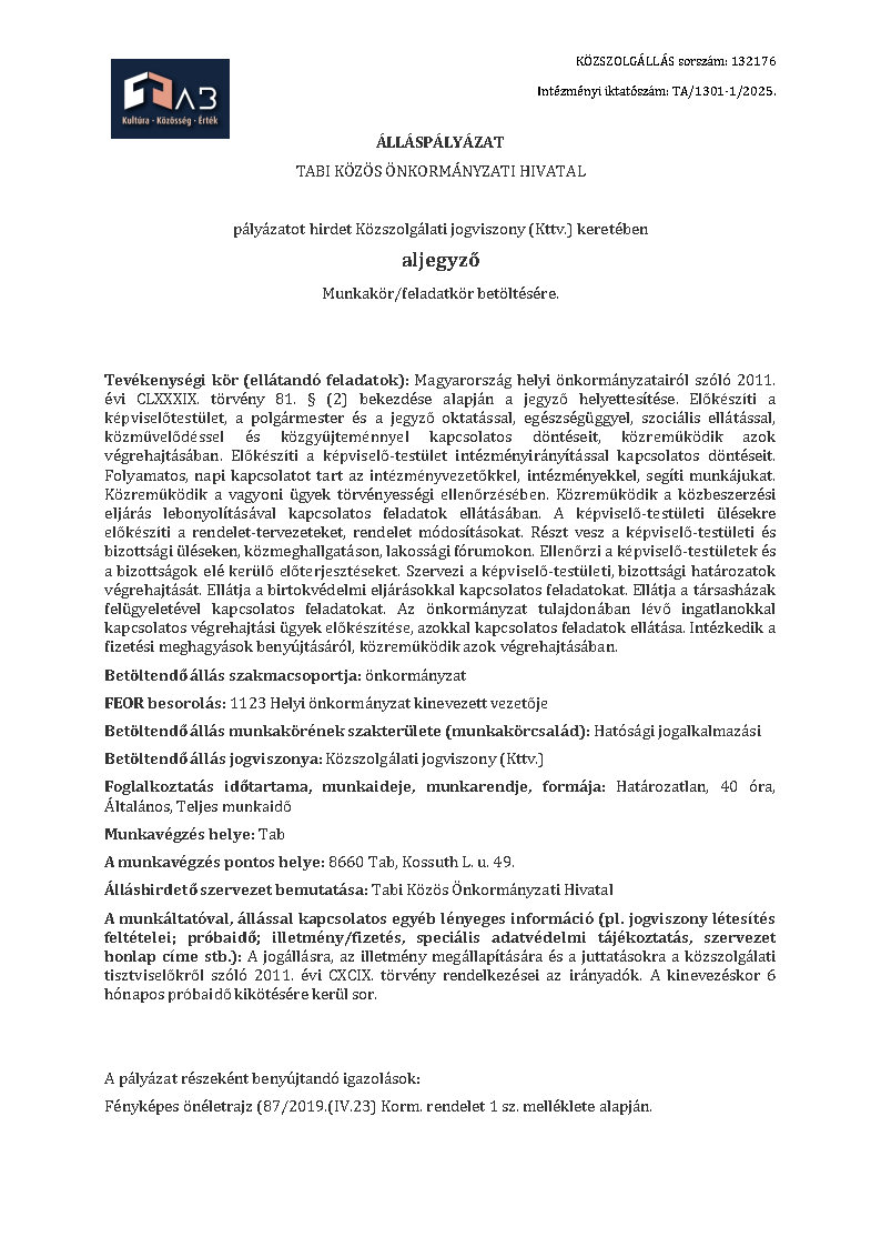 Pályázati Felhívás - Aljegyző