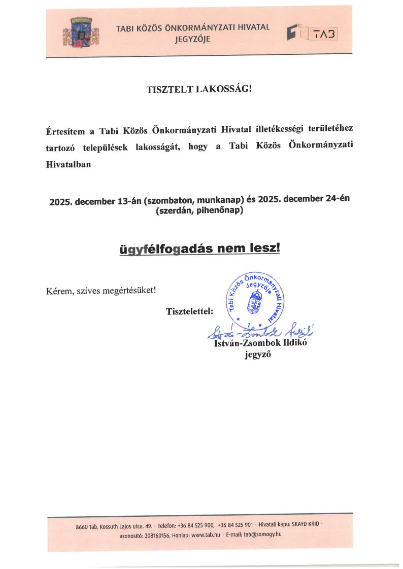Tájékoztatás Ügyfélfogadási Idő