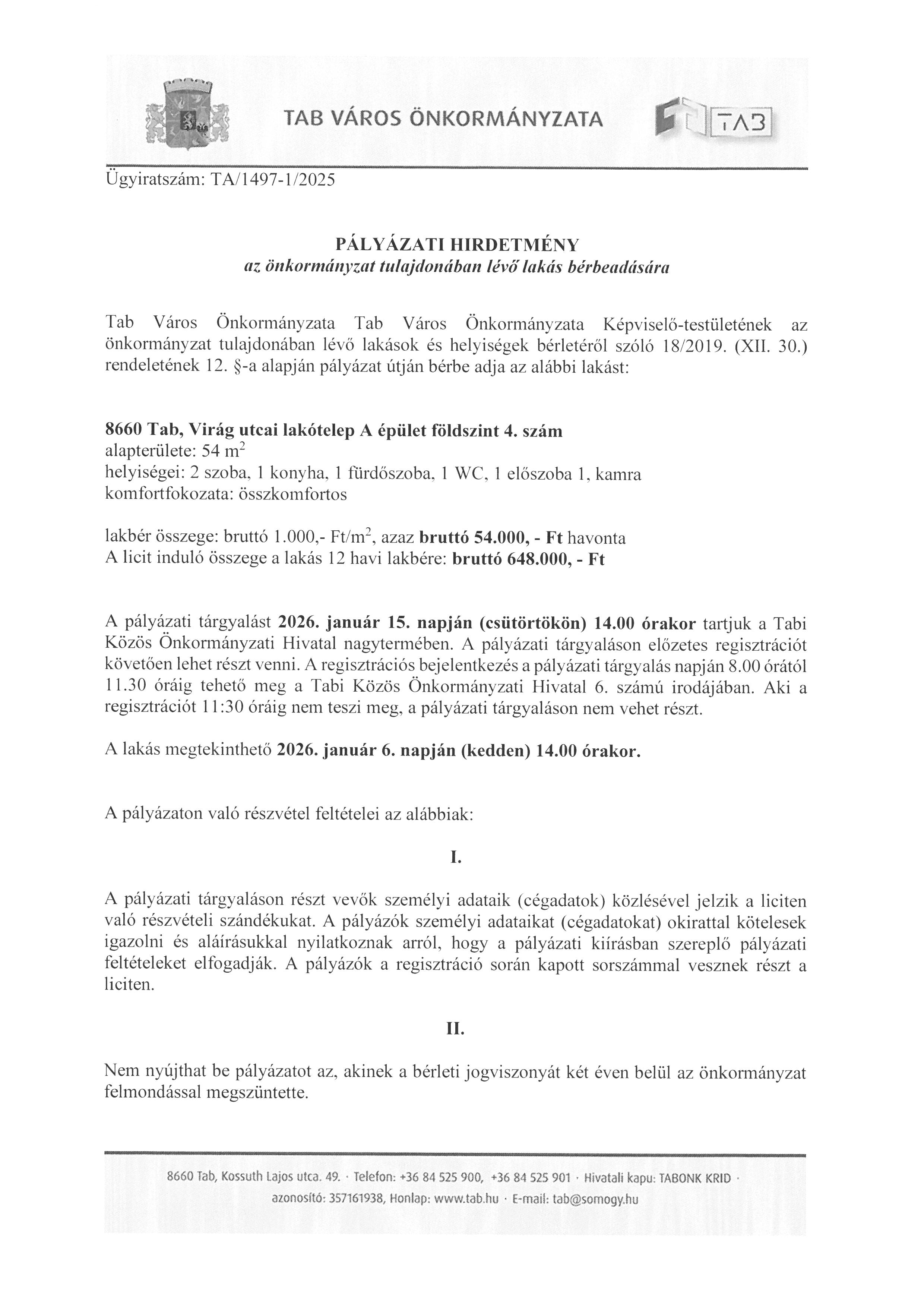 Pályázati Hirdetmény Virág Ltp. A ép. Fsz.4.