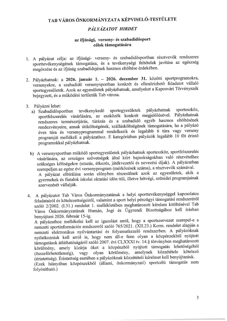 Sport pályázati hirdetmény