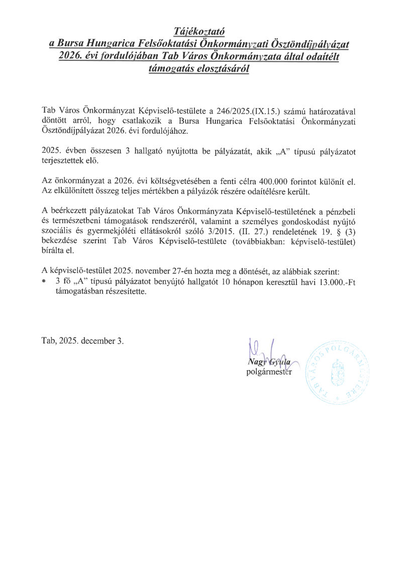 Tájékoztató Bursa Hungarica támogatás elosztásáról