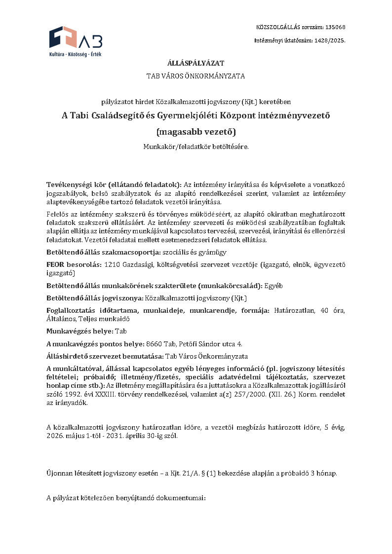 Álláshirdetés Családsegítő és Gyermekjóléti Központ intézményvezető