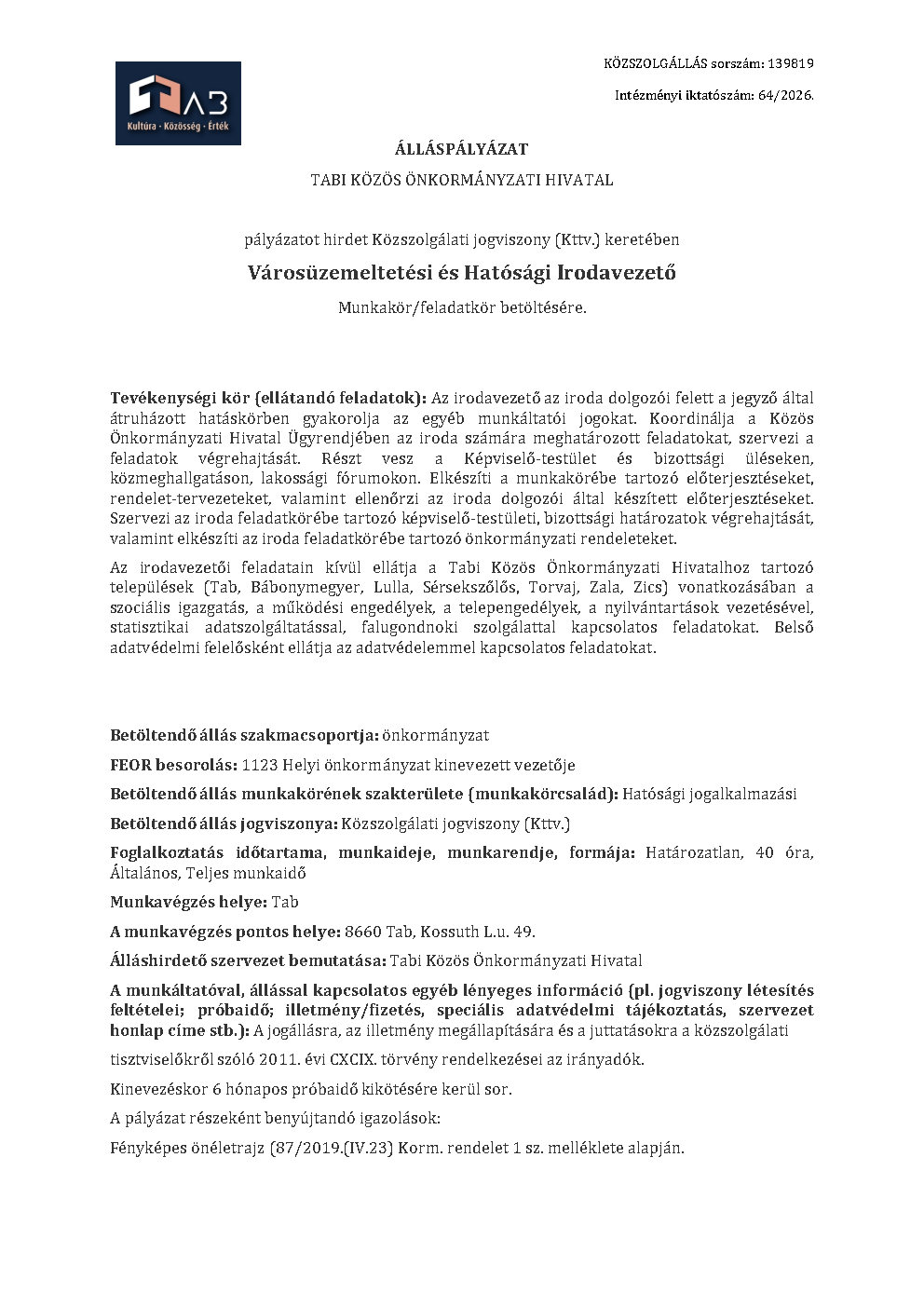 Pályázati Felhívás - Városüzemeltetési és Hatósági Irodavezető