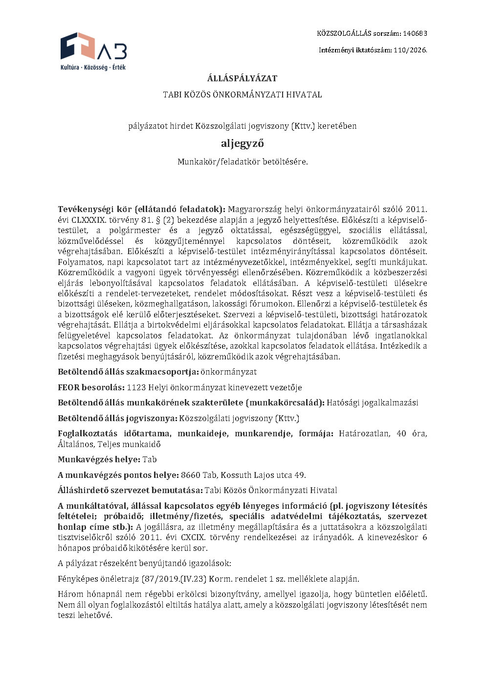 Álláshirdetés  - Aljegyző