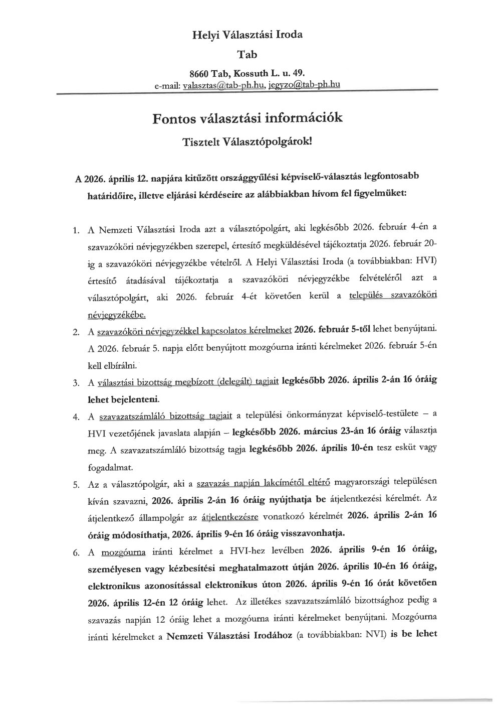 Fontos választási információk