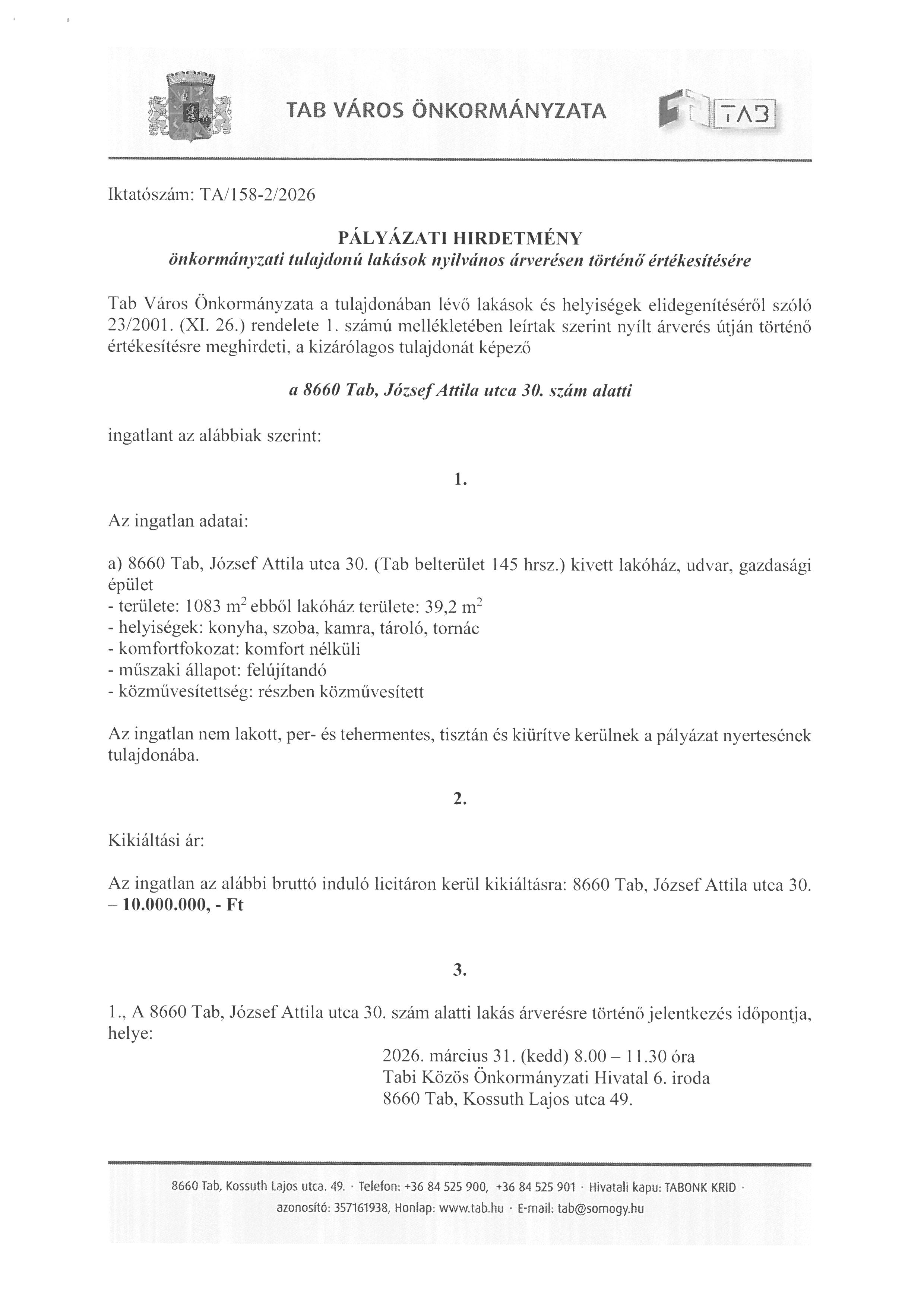 Pályázati Hirdetmény 8660 Tab, József Attila utca 30.