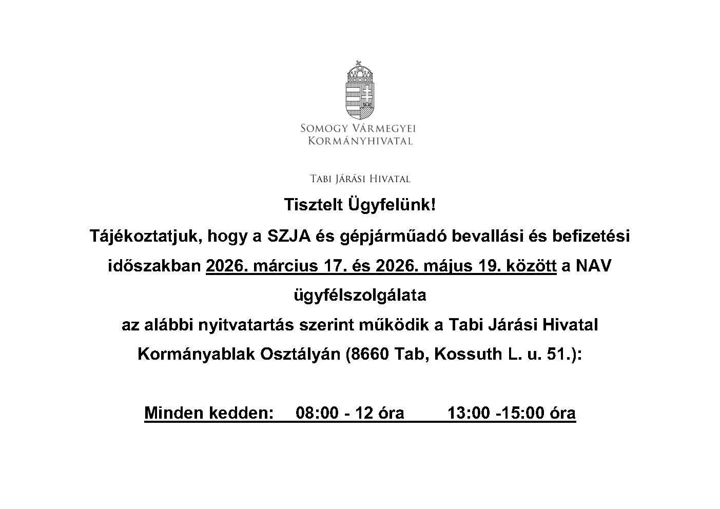 Tájékoztatás NAV Ügyfélfogadás