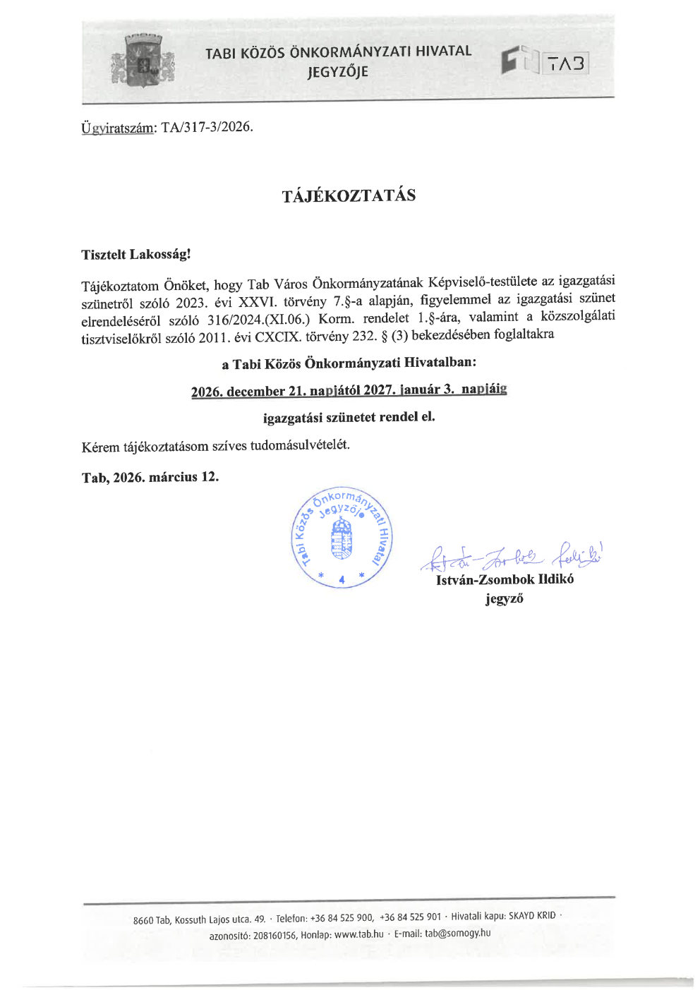 Tájékoztatás - Igazgatási szünetről