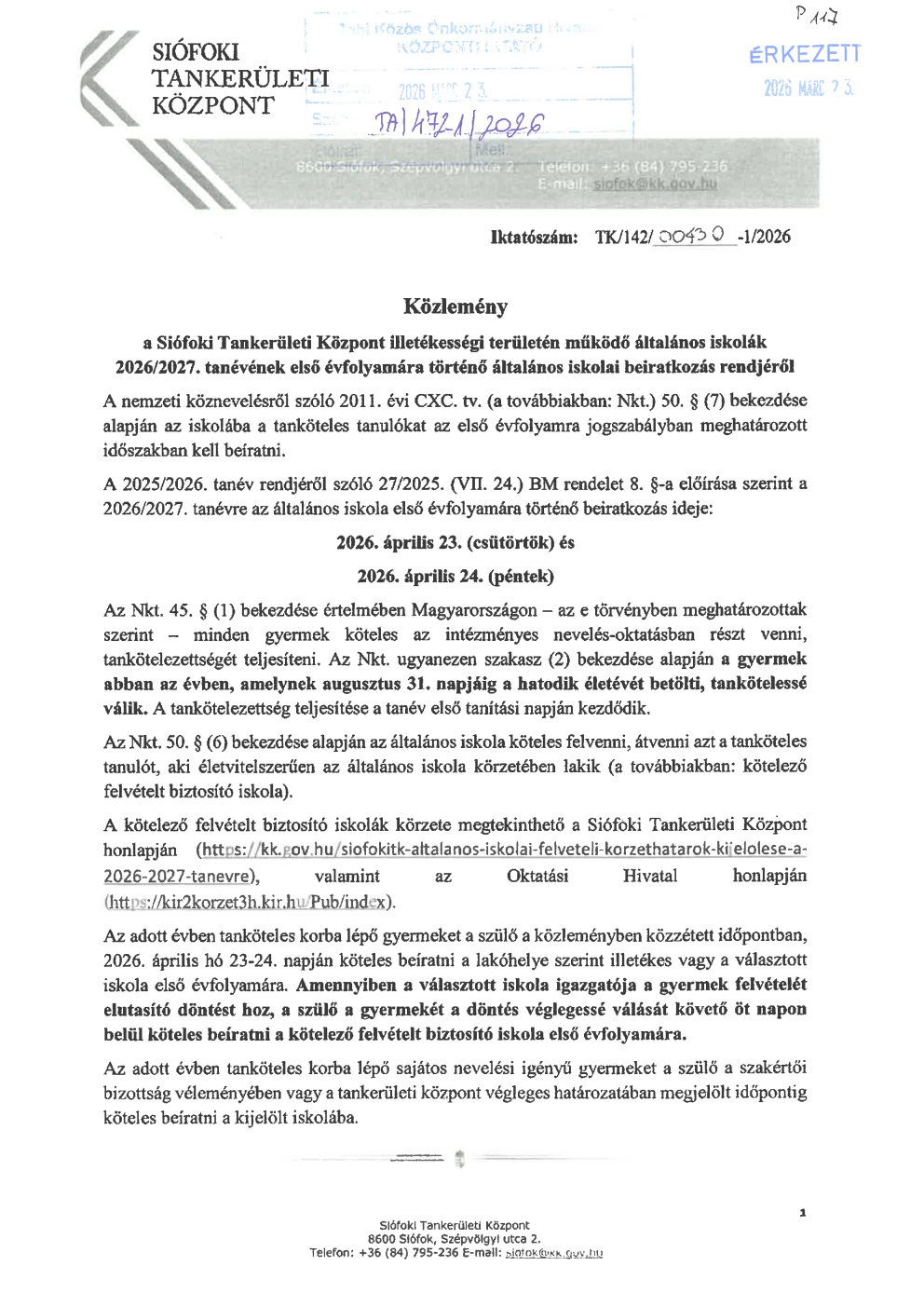 Közlemény - Siófoki Tankerületi Központ