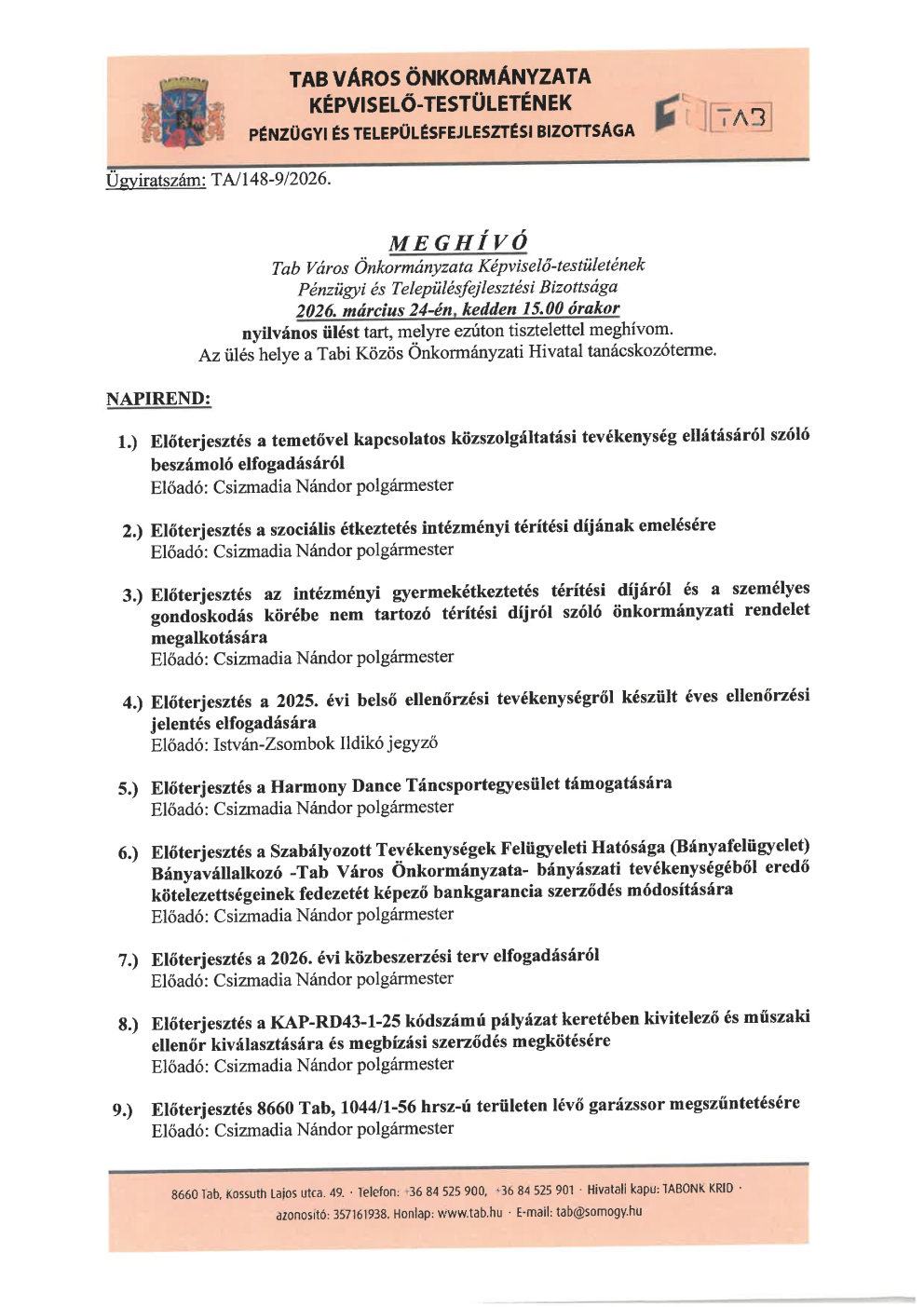 Meghívó Pénzügyi és Településfejlesztési Bizottsága 2026.03.24.