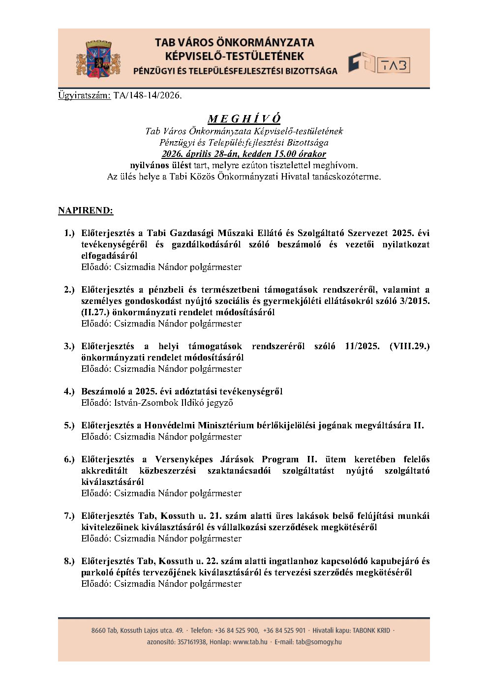 Meghívó Pénzügyi és Településfejlesztési Bizottsága 2026.04.28.