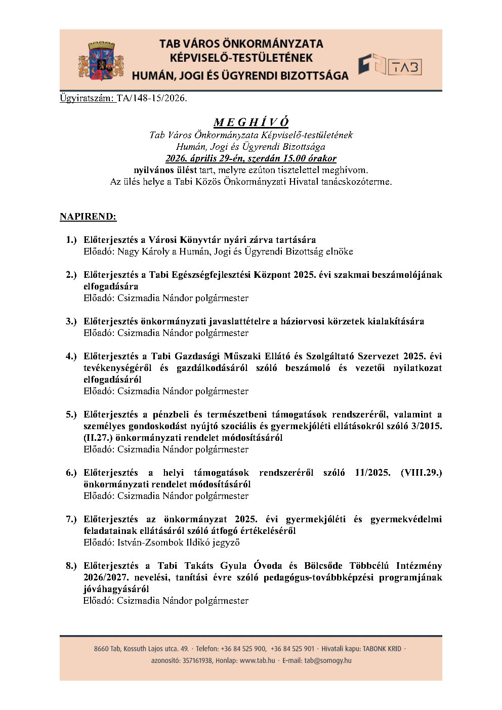 Meghívó Humán, Jogi és Ügyrendi Bizottság 2026.04.29.