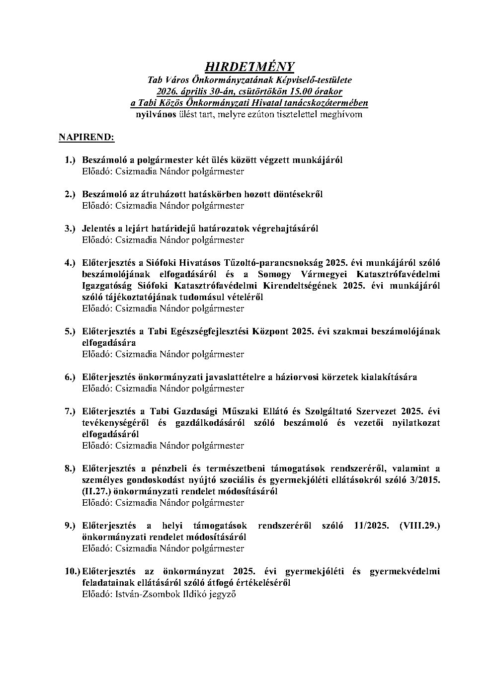 Hirdetmény Nyílt ülésről 2026.04.30.