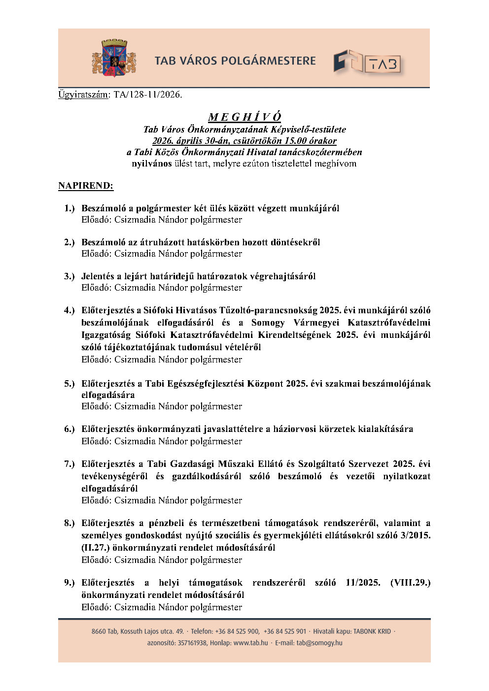 Meghívó Nyilvános Ülésre 2026.04.30.