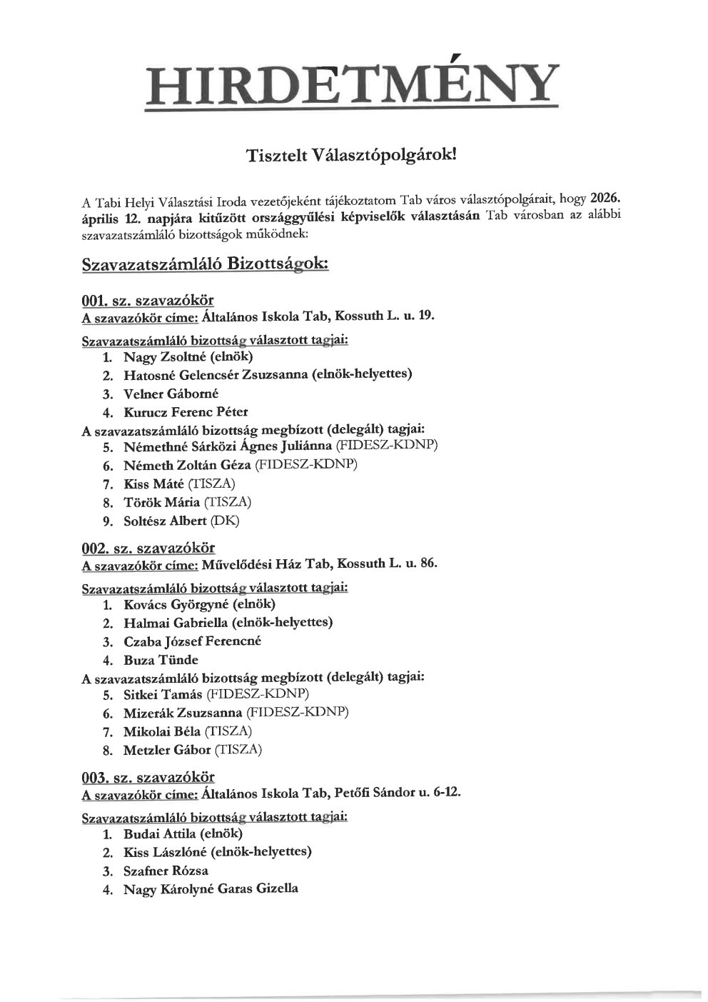 Hírdetmény  - Tab SZSZB