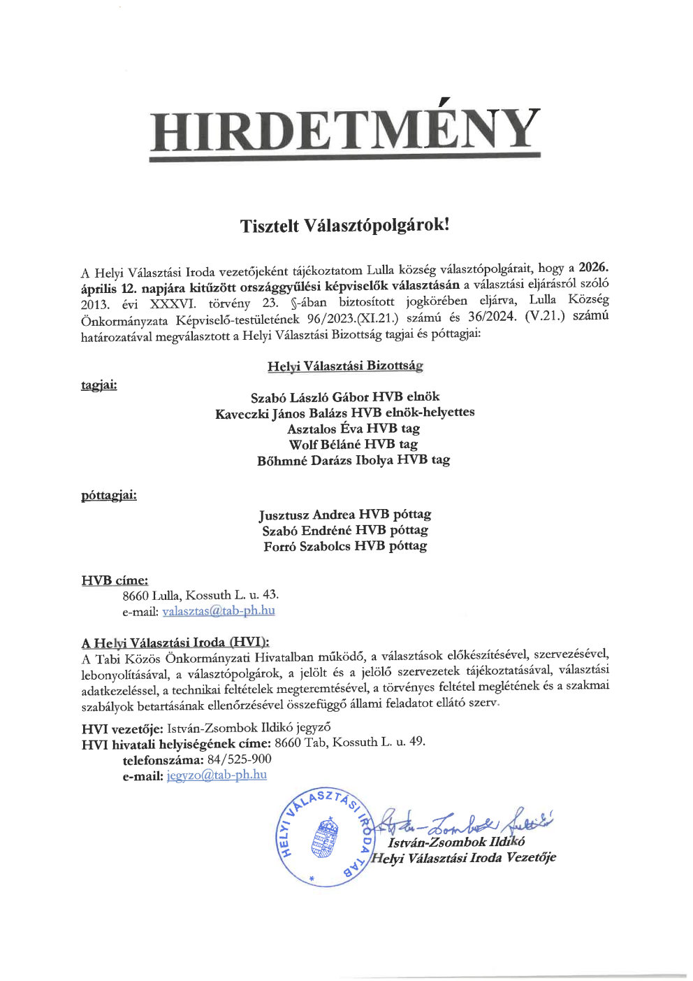 Hírdetmény  - Lulla HVB