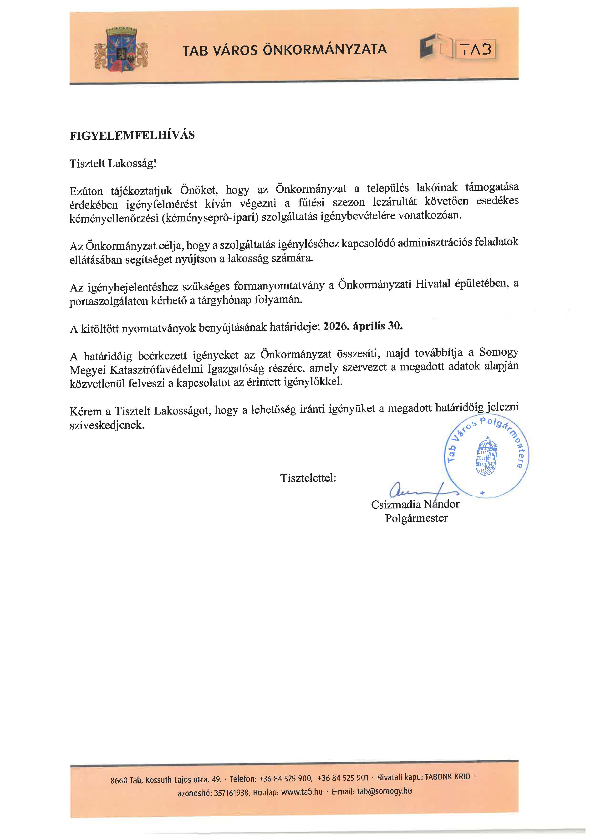 Lakossági Tájékoztatás Kéményseprő Szolgáltatás Igényléséről