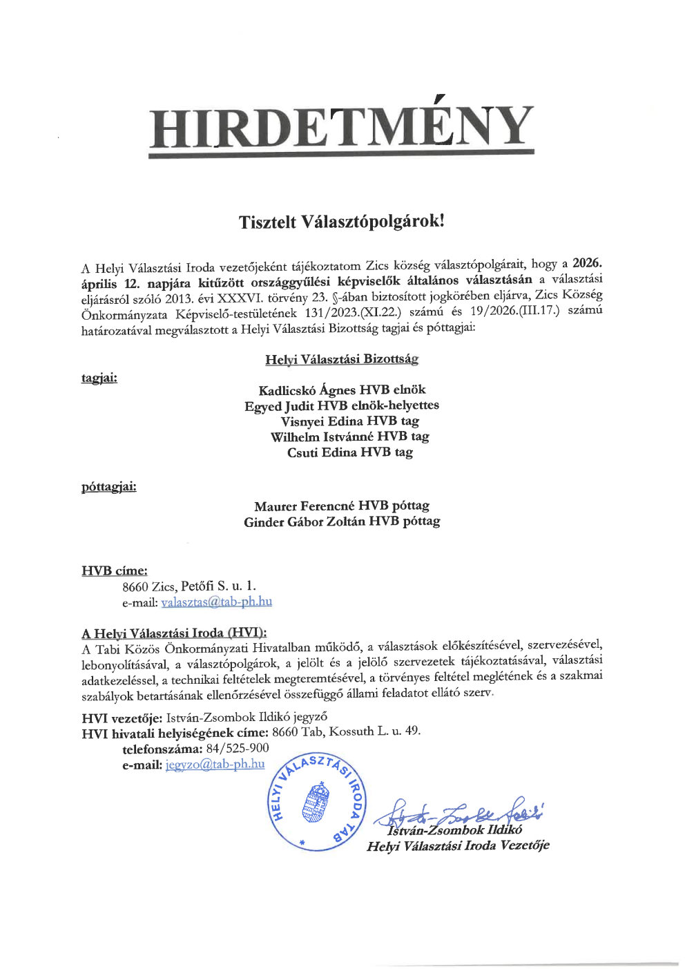 Hírdetmény  - Zics HVB