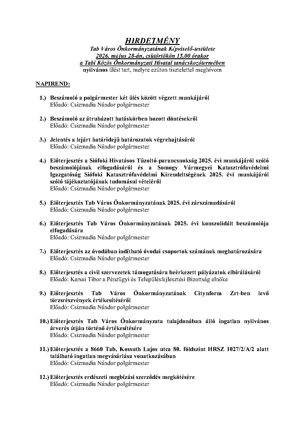 Hirdetmény Nyílt ülésről 2026.05.28.