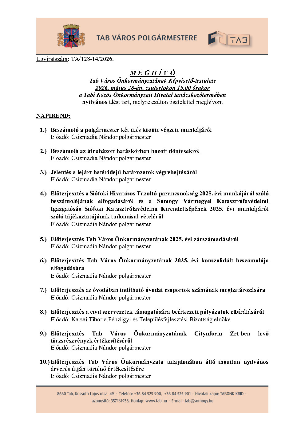 Meghívó Nyilvános Ülésre 2026.05.28.