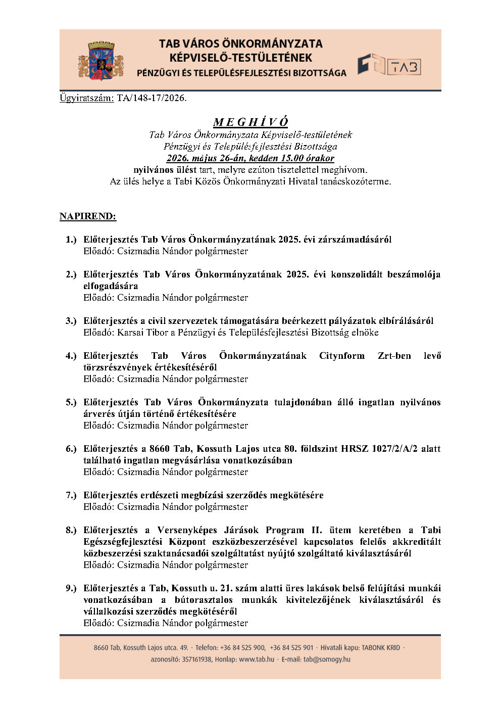 Meghívó Pénzügyi és Településfejlesztési Bizottsága 2026.05.26.