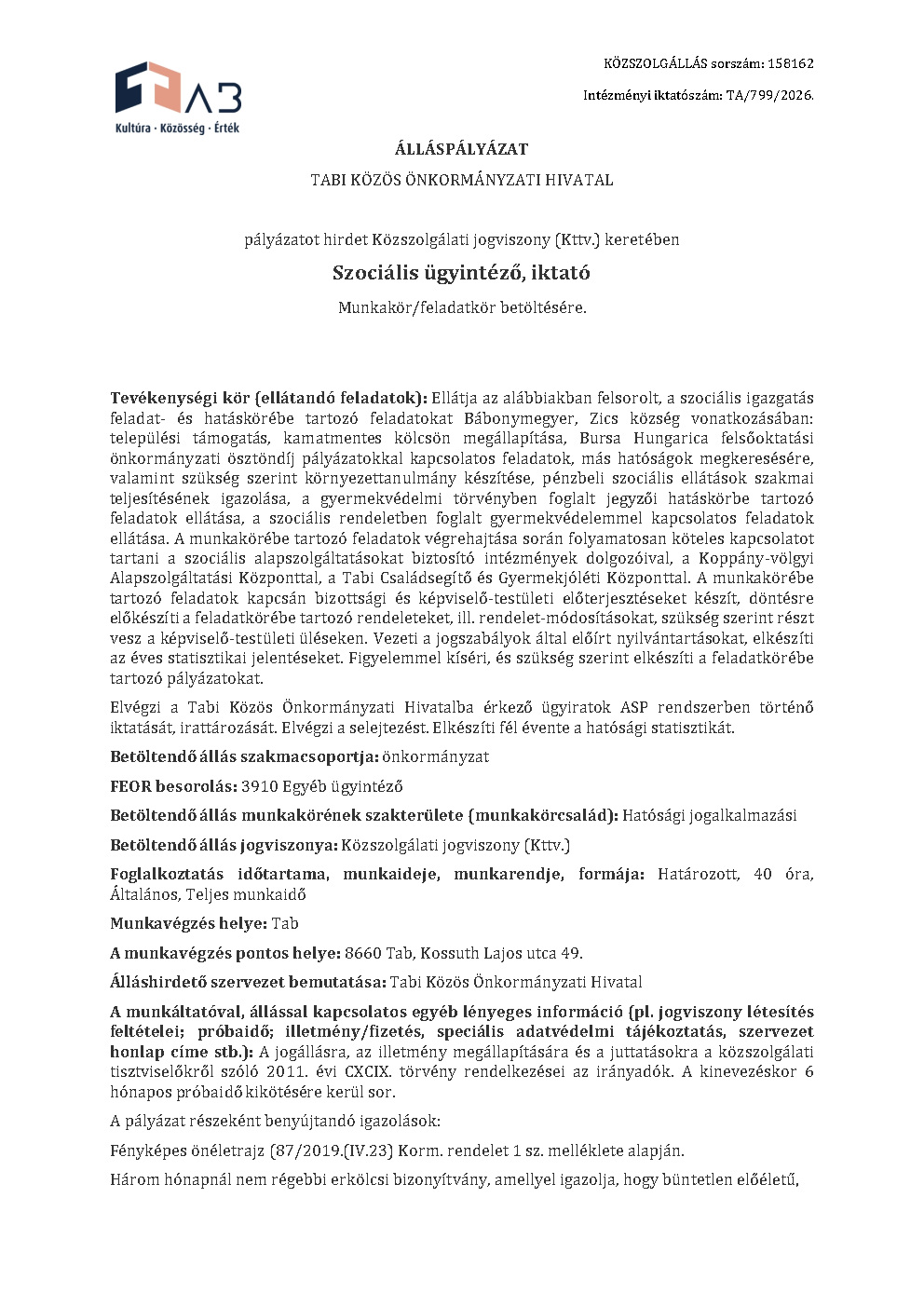 Álláspályázat - Szociális Ügyintéző Munkakőr
