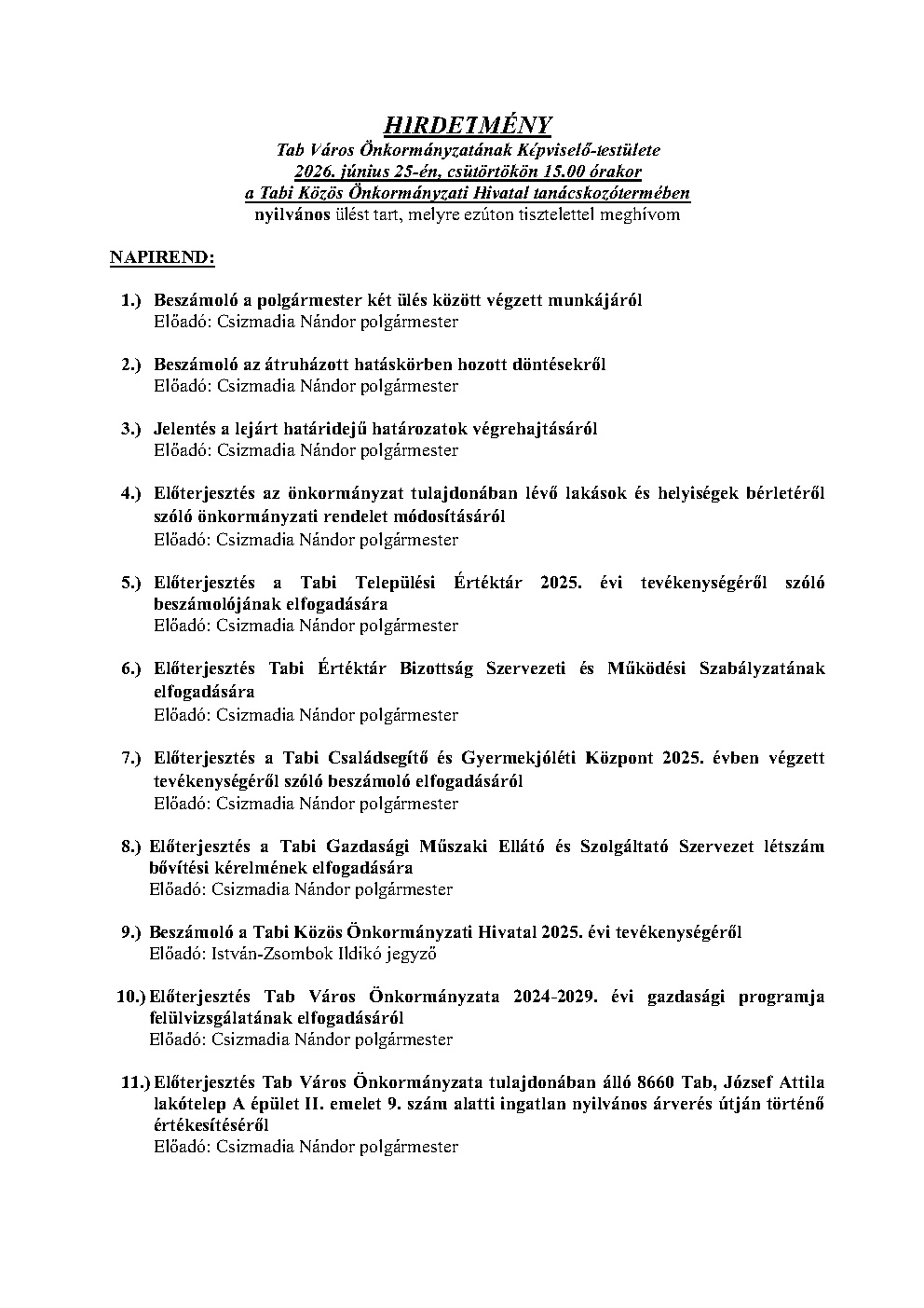 Hirdetmény Nyílt ülésről 2026.06.25.