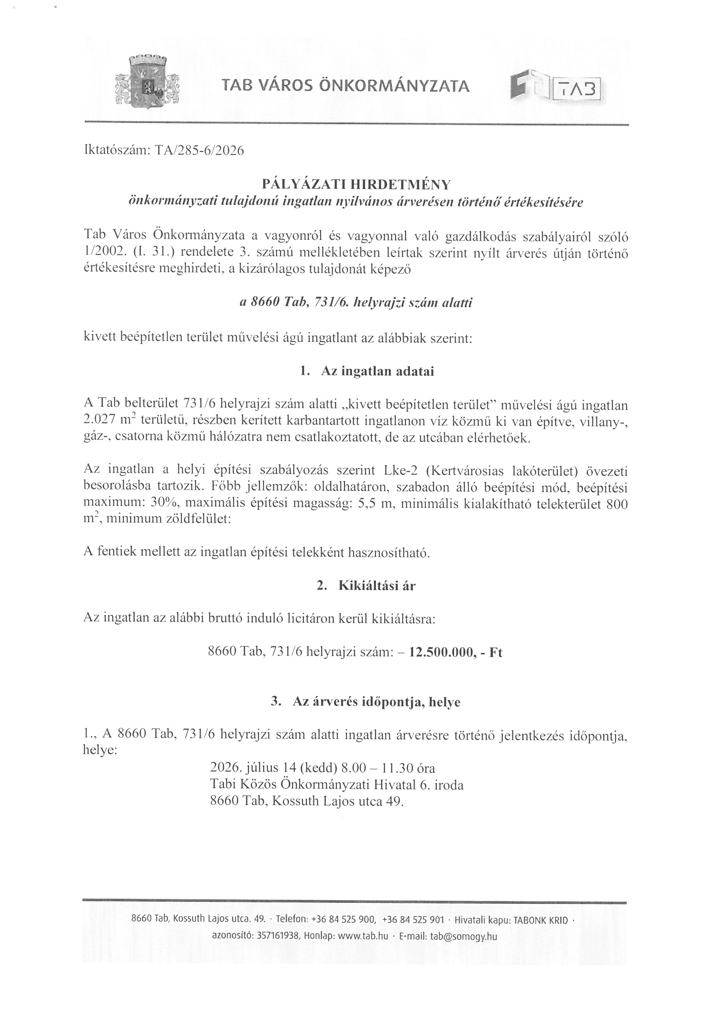 Pályázati Hírdetmény 8660, Tab 731/6 HRSZ