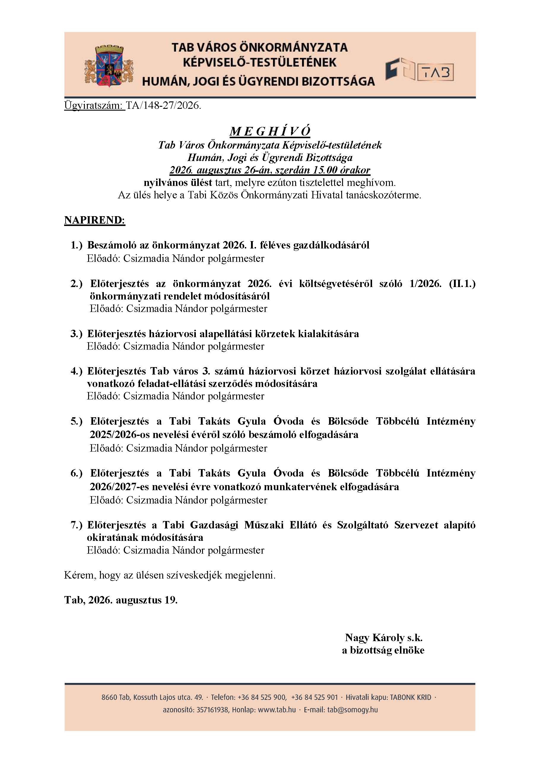 Meghívó Humán, Jogi és Ügyrendi Bizottság 2026. augusztus 26.