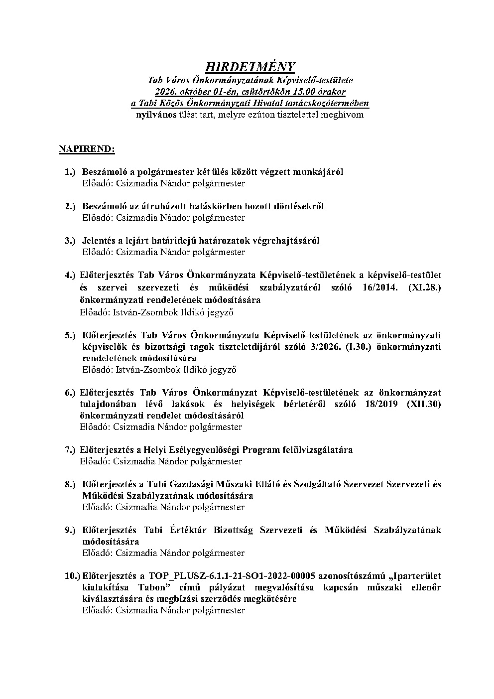 Hirdetmény Nyílt ülésről 2026.10.01.