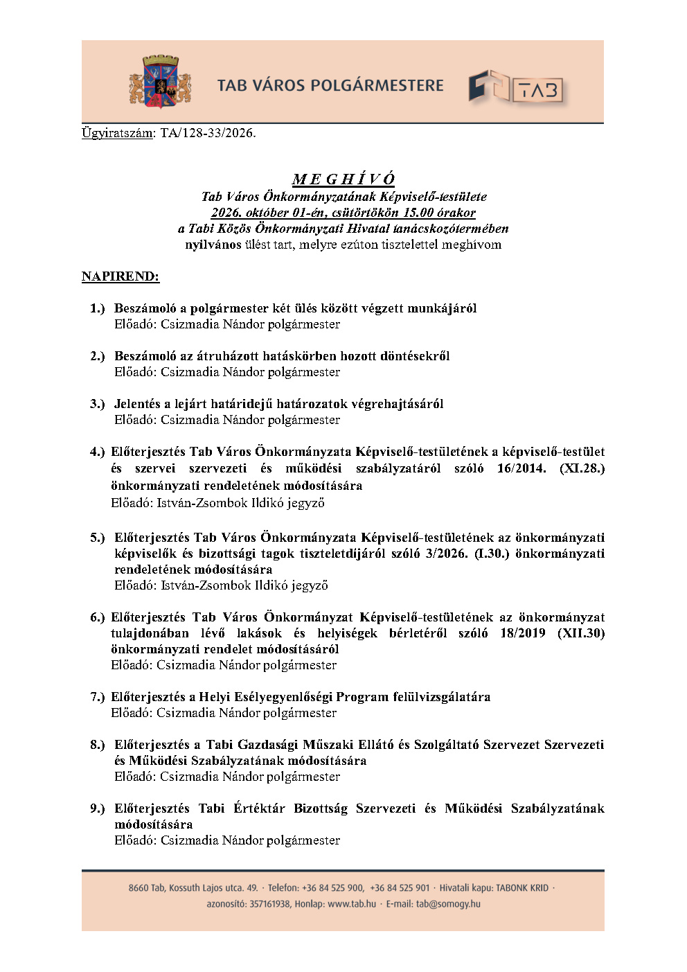 Meghívó Nyilvános Ülésre 2026.10.01.