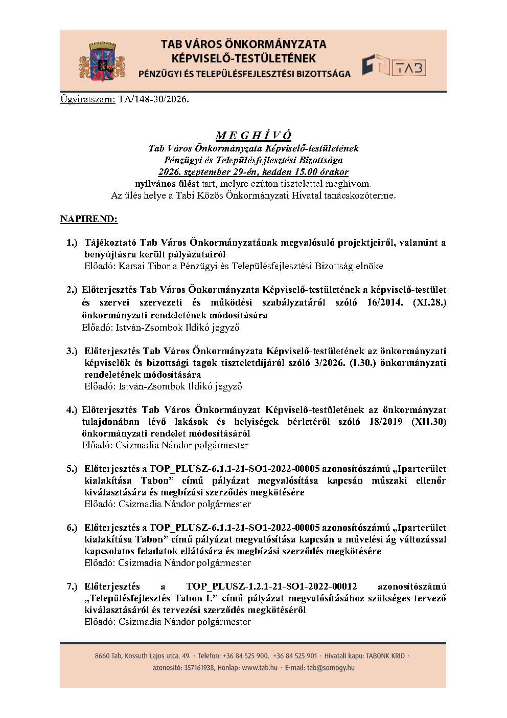 Meghívó Pénzügyi és Településfejlesztési Bizottsága 2026.09.29.