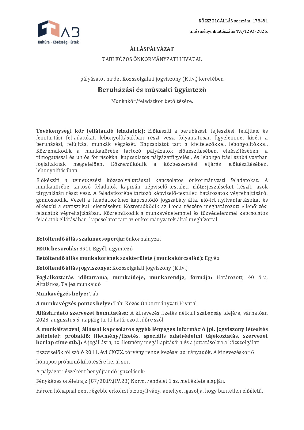 Álláshírdetés  - Beruházási és műszaki ügyintéző