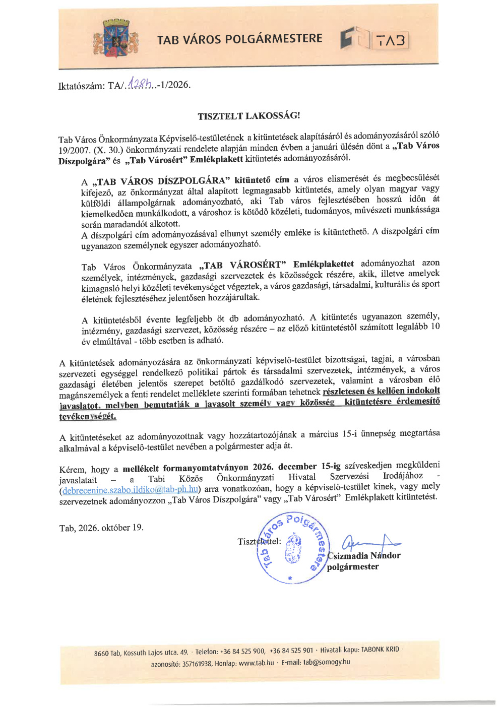 Kitüntetés adományozása
