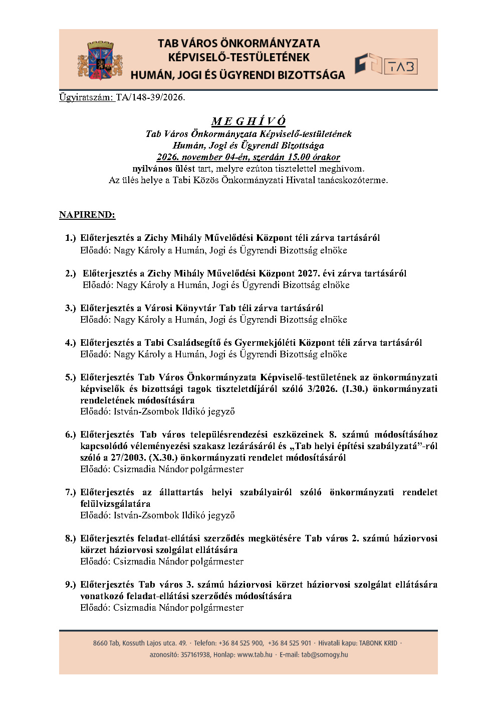 Meghívó Humán, Jogi és Ügyrendi Bizottság 2026.11.04.