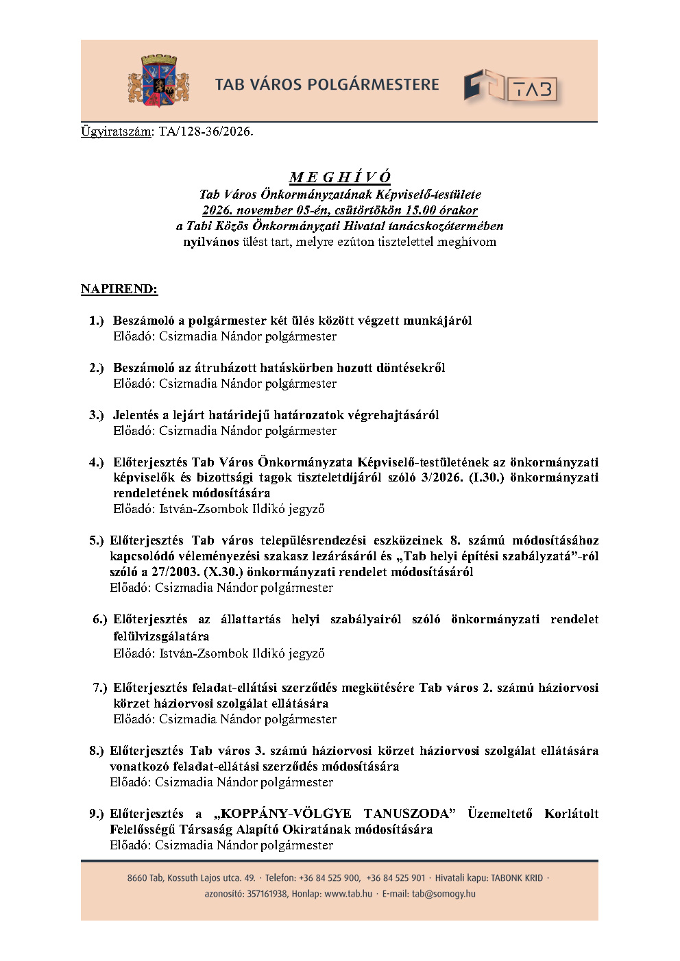 Meghívó Nyilvános Ülésre 2026.11.05.