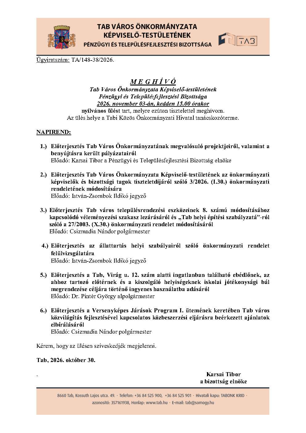 Meghívó Pénzügyi és Településfejlesztési Bizottsága 2026.11.03.