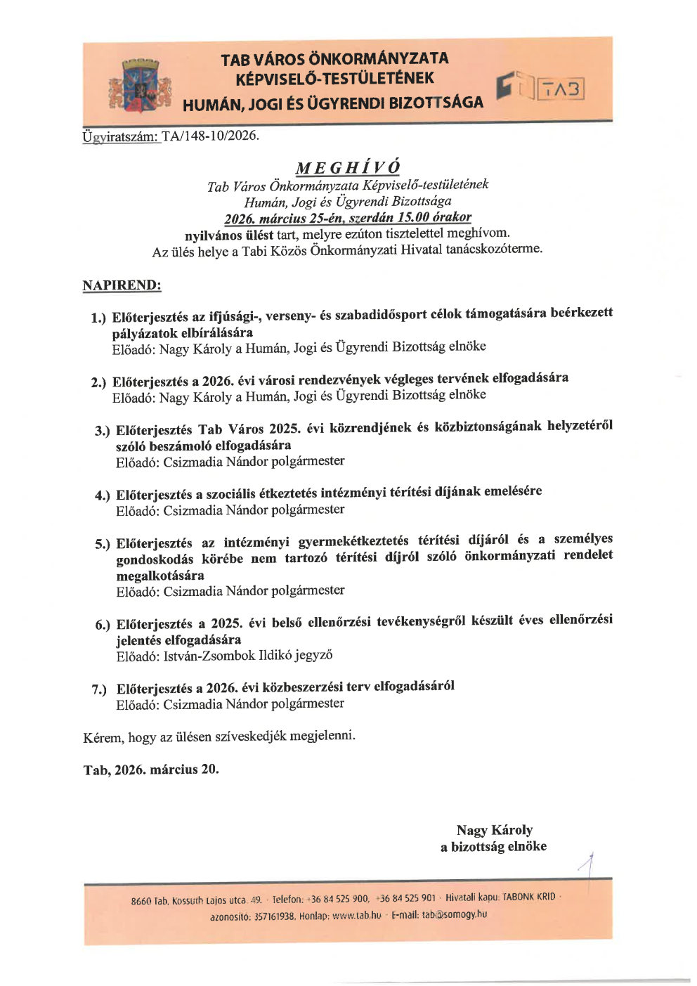 Meghívó Humán, Jogi és Ügyrendi Bizottság 2026.03.25.
